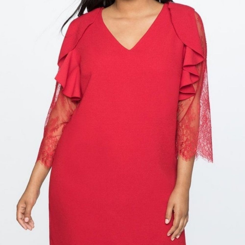 ELOQUII Red Lace Sleeve Ruffle Accent Shift Dress - Size 18‎